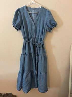 Blue Midi Tiered Button-Front Dress with Tie Waist